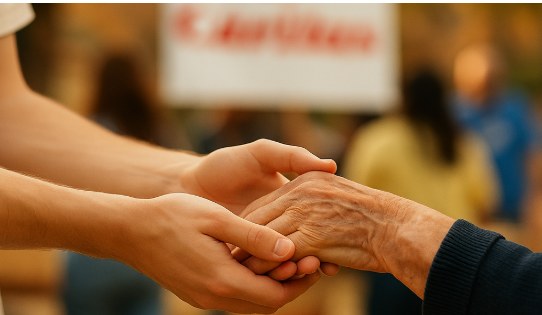 Manos de una voluntaria sosteniendo las de una persona mayor
